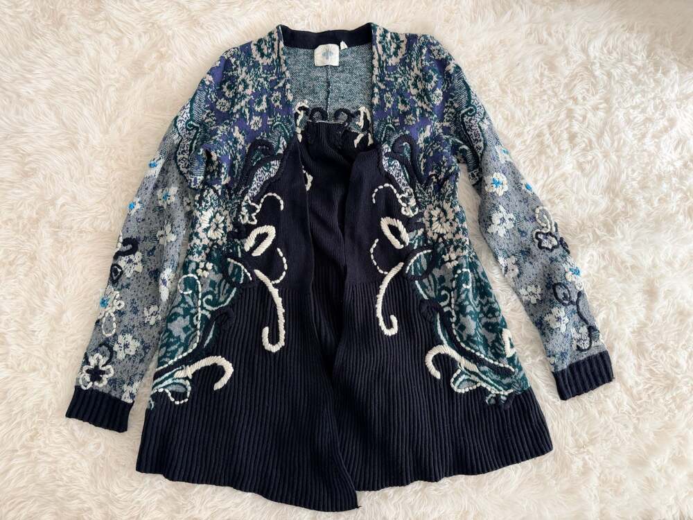 HWR Monogram Emmia Hand Stitched Cardigan Sweater Navy Floral Anthropologie